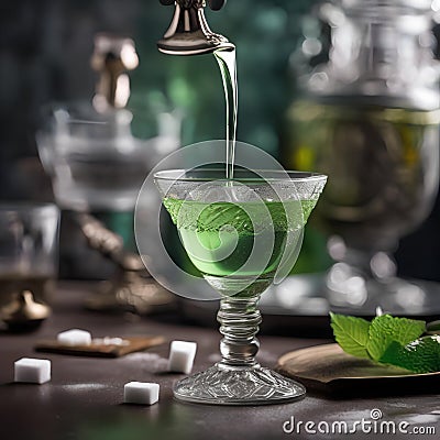 A hand gently dropping a sugar cube into a glass of absinthe with an ornate spoon1 Stock Photo