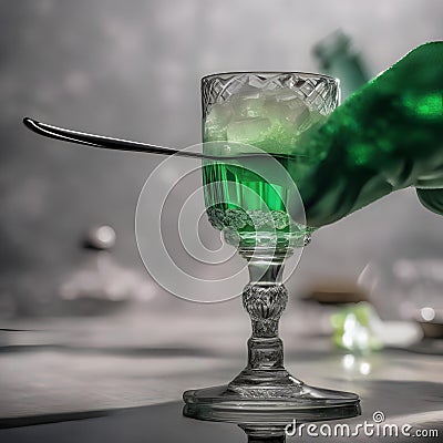 A hand gently dropping a sugar cube into a glass of absinthe with an ornate spoon2 Stock Photo