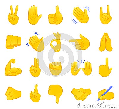 Hand gesture emojis icons collection. Handshake, biceps, applause, thumb, peace, rock on, ok, folder hands gesturing. Set of diffe Vector Illustration