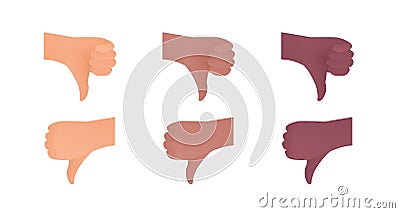 Hand gesture icon collection. Vector flat multiracial llustration set. Caucasian, african american thumbs down finger dislike sign Vector Illustration