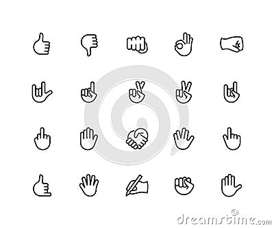 Hand gesture linear icons set. Point out, cool, approve, hello, heavy metal, thumbs up, fist, direction point symbols Vector Illustration