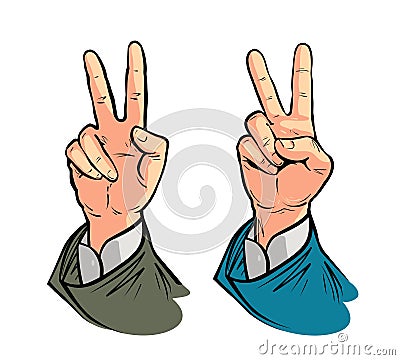 Hand gesture of victory or peace. Vector illustration in pop art retro comic style Vector Illustration