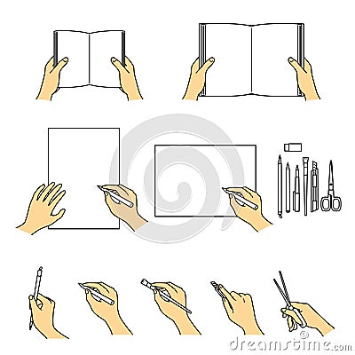 Hand gestures 02, books, stationery, writing tools, vector file set Vector Illustration