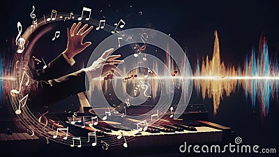 Hand gestures controlling virtual musical notes and instruments creating symphony 2 Stock Photo