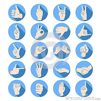 Hand gestures, finger marks, sign language icon set, stencil, logo, silhouette. Drawing of wrist, hands showing various symbol in Vector Illustration