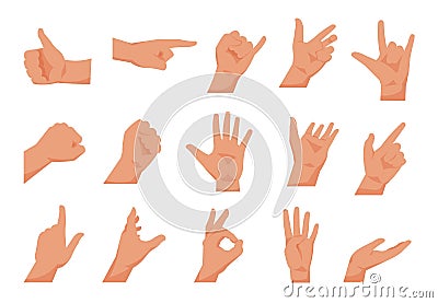 Hand gestures. Flat collections of arms showing different gestures, counting pointing and greeting. Vector cartoon Vector Illustration