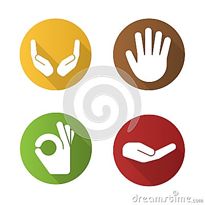 Hand gestures flat design long shadow icons set Vector Illustration