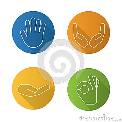 Hand gestures flat linear long shadow icons set Vector Illustration