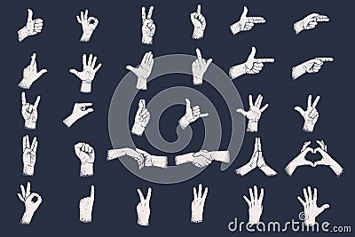 Hand gestures with grunge dots shadow texture. Digits hand gestures. Vector Illustration