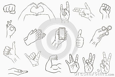 Hand gestures set. Collection of hand-drawn signs. Vector. Vector Illustration