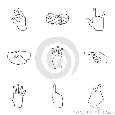 Hand gestures set icons in outline style. Big collection of hand gestures vector symbol Vector Illustration