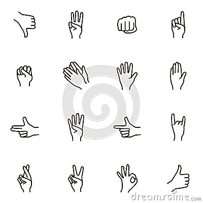 Hand Gestures Signs Black Thin Line Icon Set. Vector Vector Illustration