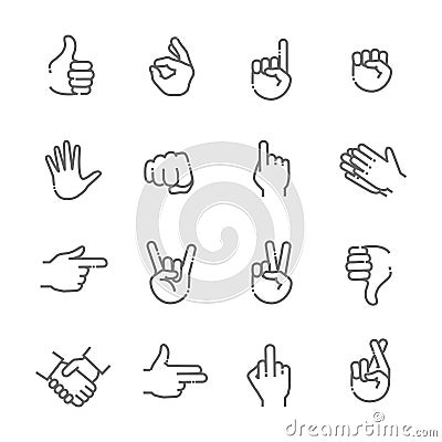 Hand gestures thin line icon set Vector Illustration