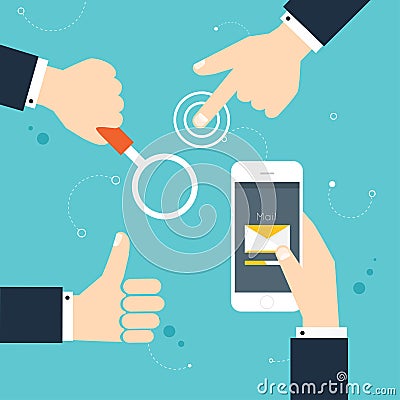 Hand gestures: using modern digital devices, holding phone Vector Illustration