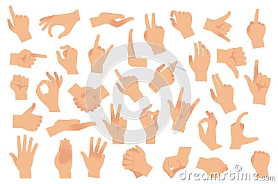 Hand gestures. Various arms, human hands, ok, thumb up and pointing finger, pinch and fist. Optimistic or pessimistic Vector Illustration