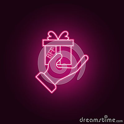 hand and gift icon. Elements of Friendship in neon style icons. Simple icon for websites, web design, mobile app, info graphics Stock Photo