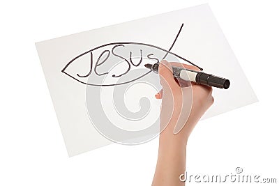 Hand girl drawing a Christian fish symbol Stock Photo