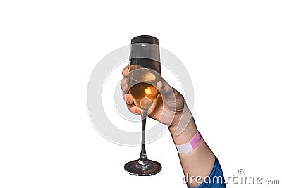The hand of girl glass of alcoholic beverage on a white background, isolated, holiday atmosphere, weekend Stock Photo