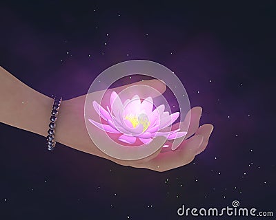 Hand give lotus glow in the dark Stock Photo