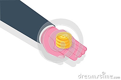 Hand give money. Charity isometric concept. Vector Illustration