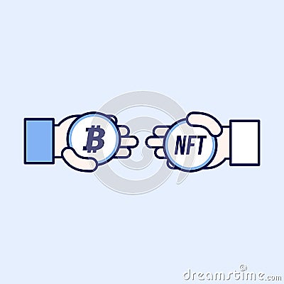 Hand give non fungible token, other businessman holds one bitcoin. Exchange of cryptocurrency to NFT icon. Vector Illustration