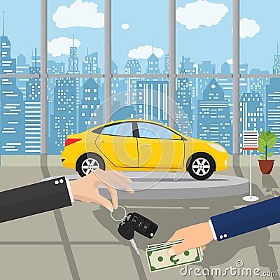 Hand gives car keys to another . Vector Illustration