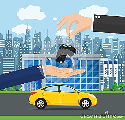 Hand gives car keys to another . Vector Illustration