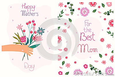 A hand giving a bright bouquet of wildflowers and a floral Mother's Day greeting card. Bright composition is Vector Illustration