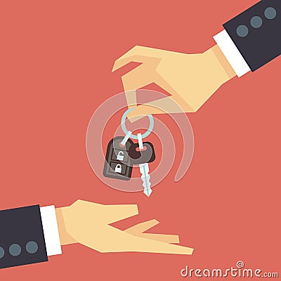 Hand giving car key. Vector rent and sale flat concept Vector Illustration