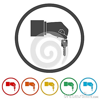 Hand giving car keys, Car Sharing icon, 6 Colors Included Vector Illustration