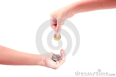 Hand giving a coin to another person Stock Photo