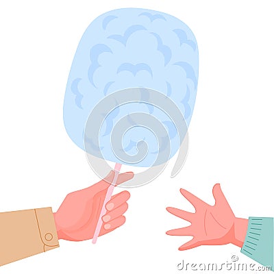 Hand giving the cotton candy to child hand. Hand with blue candy floss with on white background. Vector Illustration