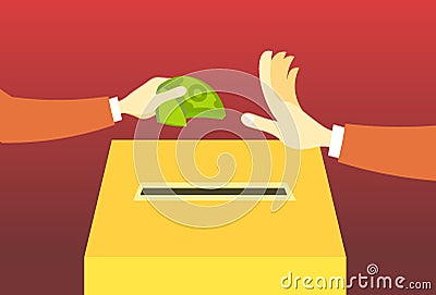 Hand giving dollar banknote voter rejecting money during voting election don`t take bribes stop corruption concept flat Vector Illustration