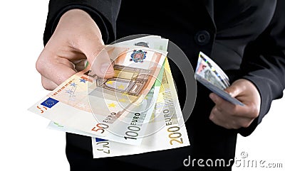 Hand giving Euro banknotes money Stock Photo