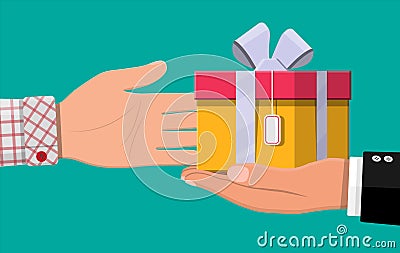 Hand giving gift box to other hand Vector Illustration