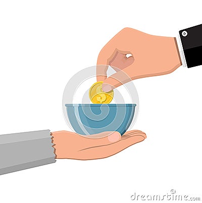 Hand giving gold coin to beggar hand. Vector Illustration