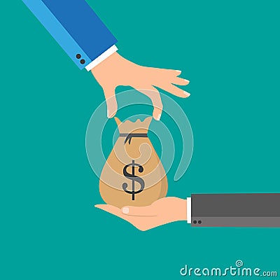 Hand giving money bag to another hand, payment, credit, loan, banking poster vector illustration isolated on blue background, Vector Illustration