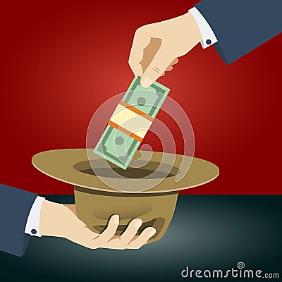 Hand giving money banknote to beggar`s hat. Vector Illustration