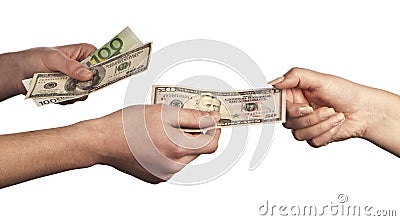 Hand giving money to other hand Stock Photo