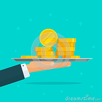 Hand giving money vector illustration, flat carton man and coins cash stack in hand, concept of success grant, financial Vector Illustration