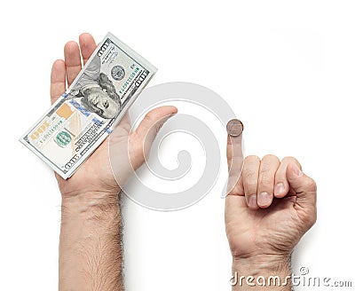 Hand giving salary; comparison of those who pay generously and sparingly; a lot of money and little money; comparison of Stock Photo