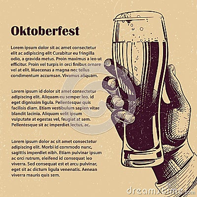 Hand with glass of beer. Oktoberfest banner Vector Illustration