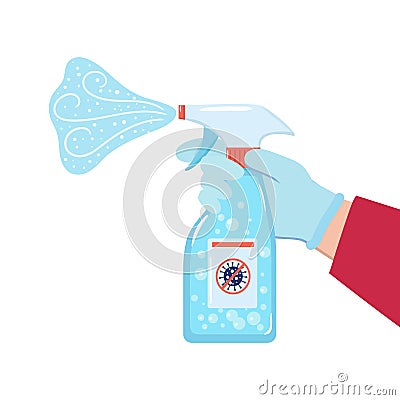 Hand in glove holding disinfecting spray. Stop virus and bacterial infection Vector Illustration