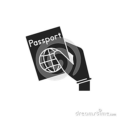 Hand in glove holds passport black glyph icon. Safe travel. Pictogram for web, mobile app, promo. Vector Illustration