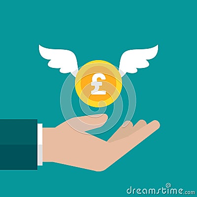 Hand with gold pound sterling coin with wings. Vector flat illustration on blue. Give, receive, take, earn money Vector Illustration