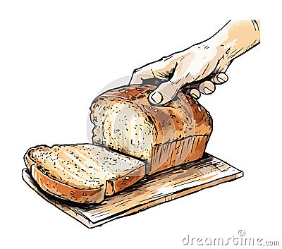 Hand with gourmet bread illustration on fresh flour Vector Illustration