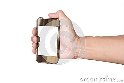 Hand grasp old smartphone, isolated on white background Stock Photo