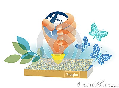 Hand grasping globe over book Vector Illustration