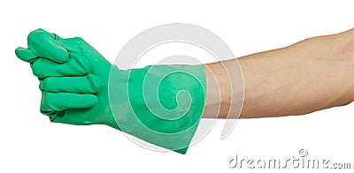 Hand in green rubber glove shows fig sign Stock Photo