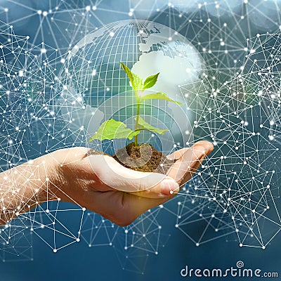 Hand with green sprout over earth globe over . Stock Photo